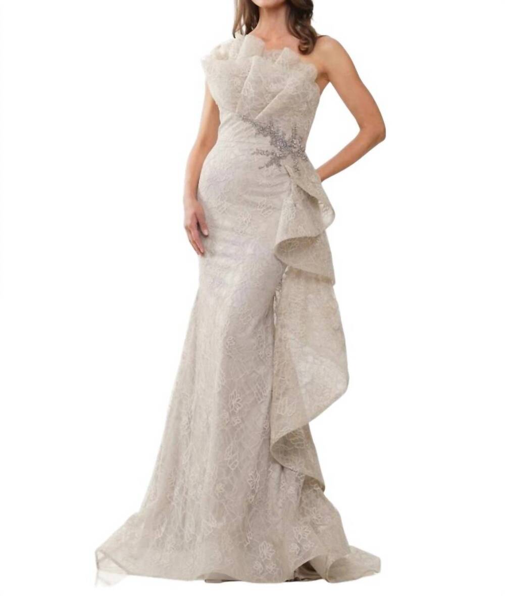 NEW MARSONI BY COLORS one shoulder evening gown in taupe